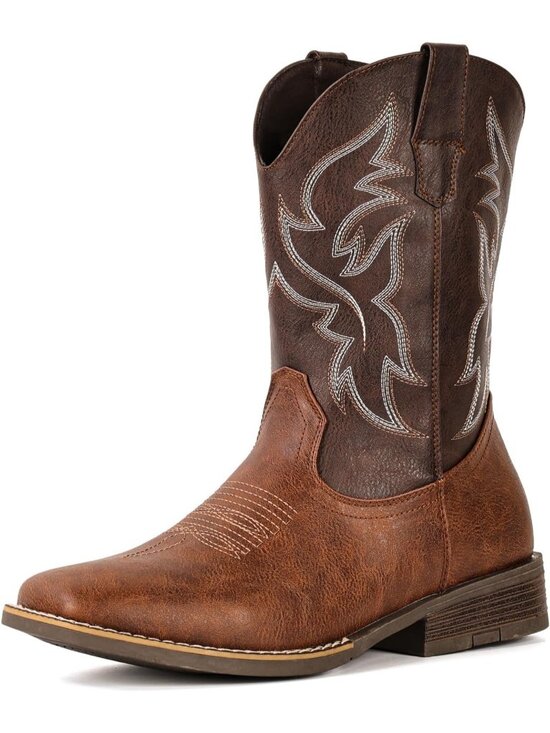 Men\'s Brown Faux Leather Wide Square Toe Slip-Resistant Western Cowboy Boots